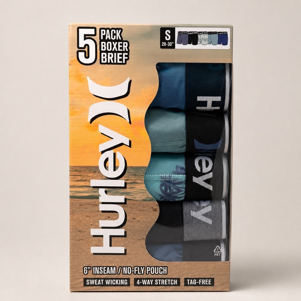 Hurley 5 Pack Boxer Briefs (S 28-30) No Fly Pouch Sweat Wicking Stretch Tagless